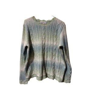 Alfred Dunner Womens Small Ombre Stripe Cable Knit Sweater Scalloped Trim Green